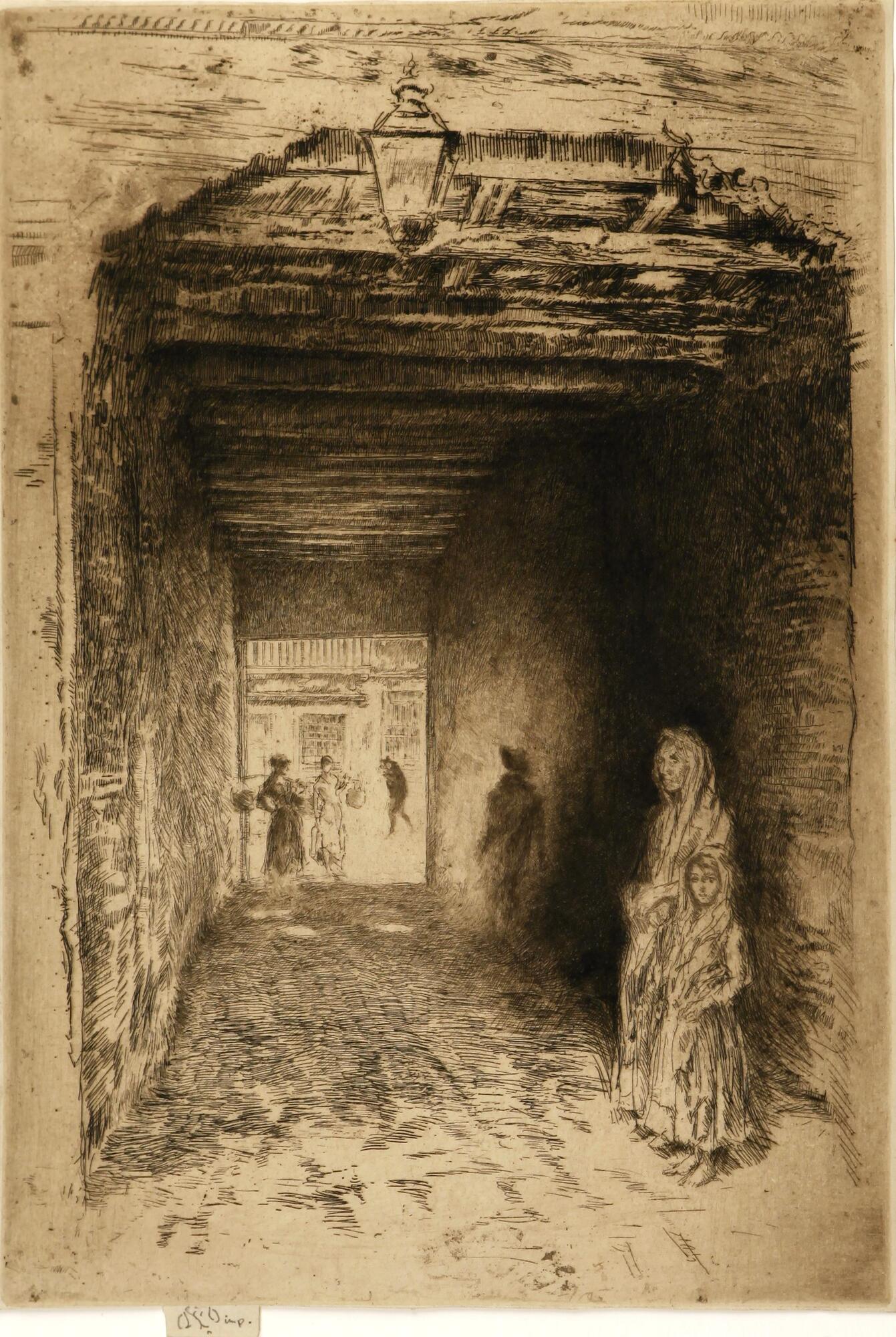 A deep covered passageway dominates the composition. At the near end of the passage, to the right side, stand a woman and young girl, both with heads covered and looking at the viewer. Looking down the passageway, light catches the timbered ceiling and figures can be seen walking at the far end, silhouetted against the bright light in the square or street beyond. A lantern hangs above the entrance at the near end of the passage.