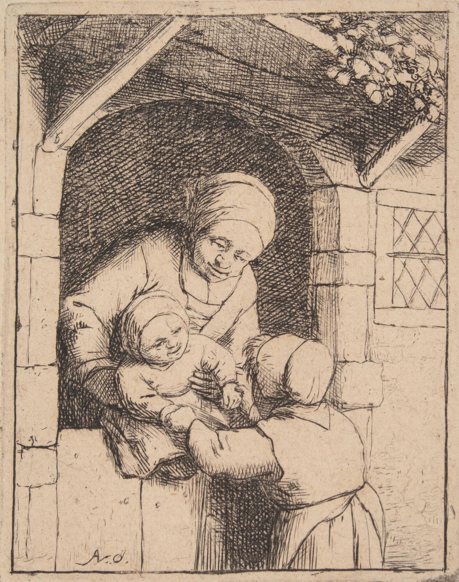 A woman in an arched doorway handing a baby to another woman on the other side. They both have head coverings on, the windows of the building are cross-hatched.