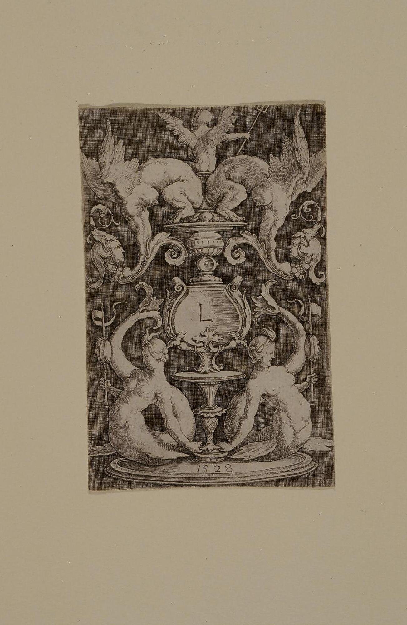 This print depicts an ornamental design. The central axis of the design is composed of a fanciful stand with a nude winged boy holding a trident, seen from the back, seated on the top. A pair of sirens holding small banners flank the base, and a pair of hybrid sphinx-like creatures perch near the top. The letter "L" appears in the center of the stand and the date "1528" is inscribed in the base.