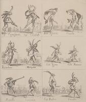Etching depicting six scenes in which two costumed performers dance in response to each other.