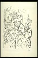 This sparely executed lithograph depicts, from left to right, a young boy, an aged man in a hat, and an aged woman in a shawl looking at the food on display in a shop window, bananas, cheese, sausage, and wine, among other items.