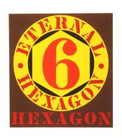 This brown rectangular print shows a yellow circle and a yellow hexagon shape with red stencil lettering. At the bottom edge of the rectangle, below the yellow circle, is the word &quot;hexagon&quot;. Within the the yellow circle are the words &quot;eternal&quot; and &quot;hexagon&quot; and within the yellow hexagon shape is a large &quot;6&quot;.