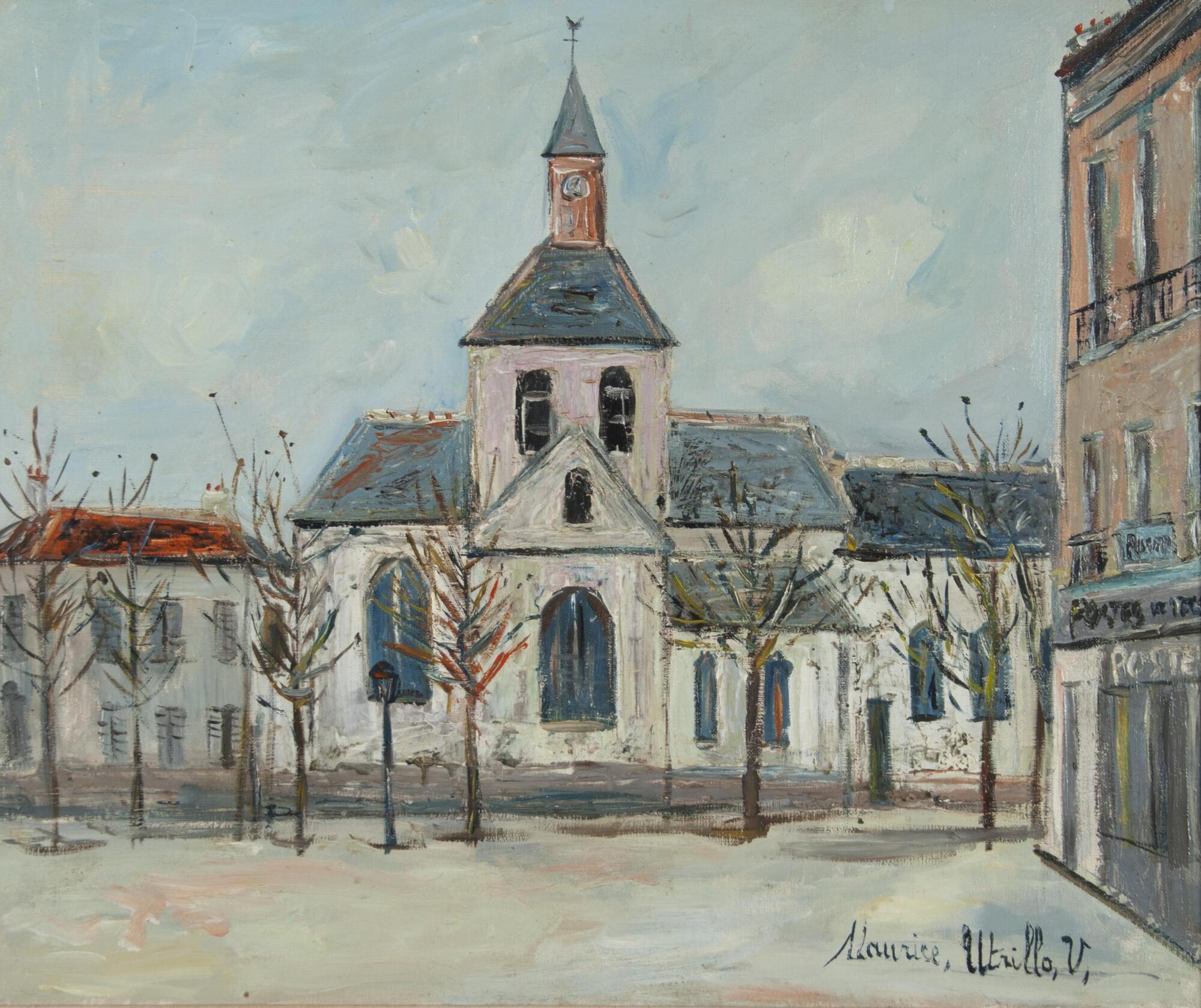 A winter scene with a steepled church in the center surrounded by other buildings, including a three-story building on the right hand side. A bird perches on top of the steeple. Snow covers the ground and the trees in front of the church are bare. Pinks, whites, browns and blues dominate the palette.
