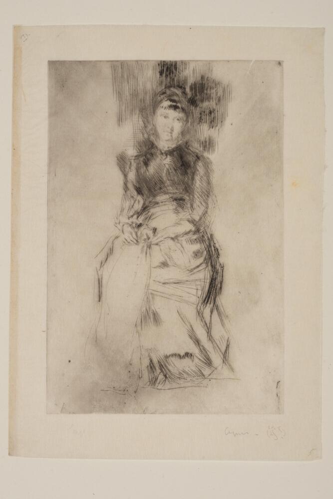 A woman sits facing the viewer, looking slightly to the right. Her hands are in her lap and she is holding a piece of fabric. The background is undescribed and her skirt is loosely drawn.