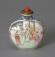 Snuff bottle with overglaze enamel painted scene of a family in a garden standing in front of a house.