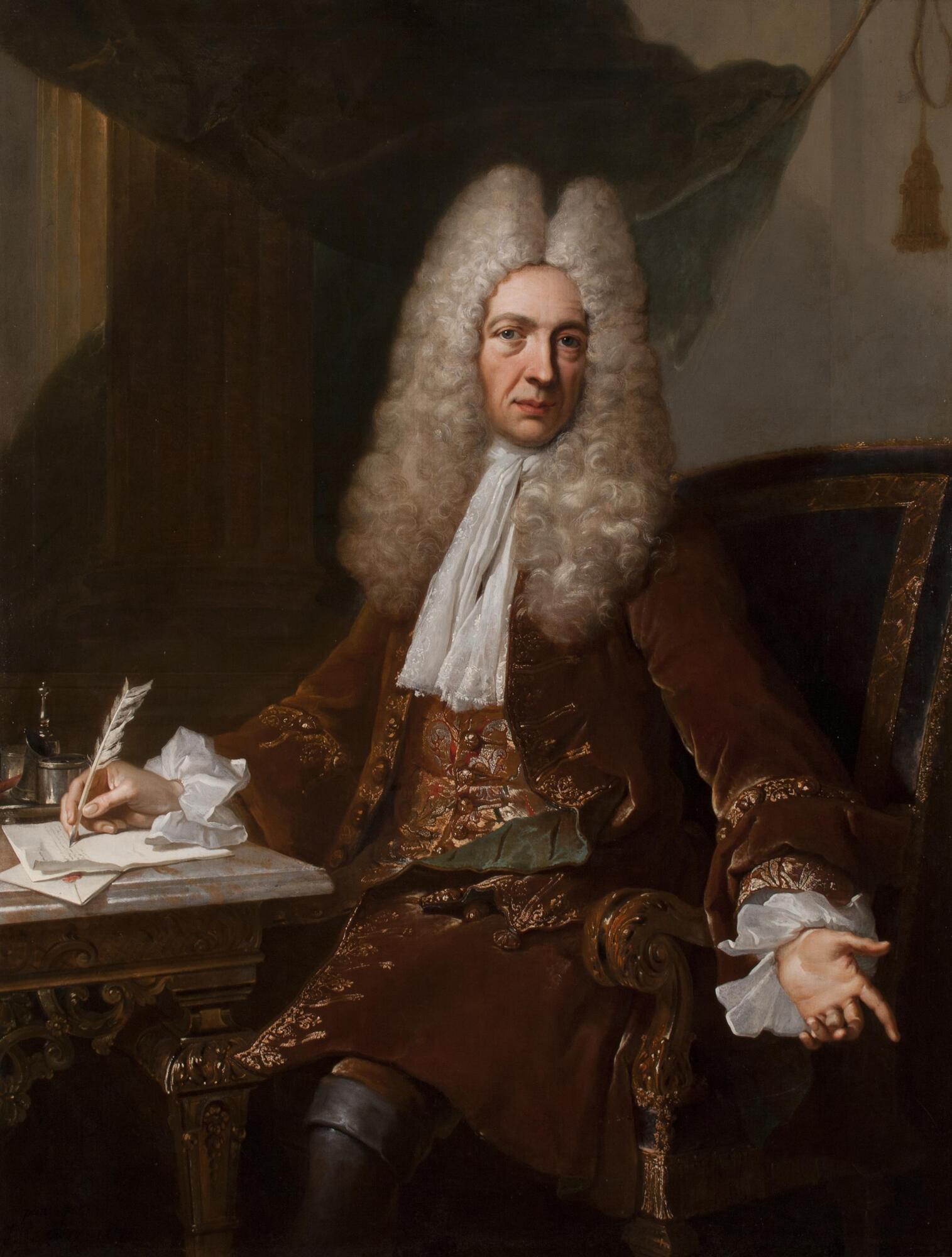 M. Bachelier is shown seated at a desk dressed in a high powdered wig and sumptous gold-embroidered velvet coat and waistcoat. Behind the figure is a rich cloth, pulled back to reveal columns. On the elaborately carved desk are papers and a writing set. M. Bachelier extends his left hand towards the viewer, suggesting that we have interepted him while writing at his des. The painting&#39;s coloring consists of rich burgundy red, green, tan and gold.