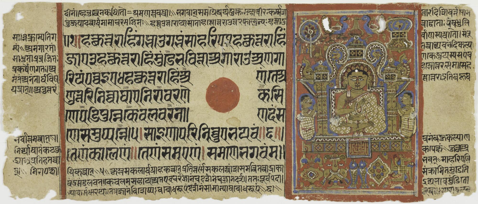Leaf from a Kalpasutra manuscript with calligraphic text. Font size varies, and in the center of the leaf text wraps around a blank box of parchment with a red dot in the center. To the left of this main text block is a colorful illustration of an enthroned figure in a dotted robe flanked by devotees. Surrounding him are various auspicious symbols.
