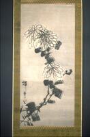 This hanging scroll depicts three white chrysanthemums. The flowers form a dynamic arc, and were executed with powerful, rapid brushstrokes. The contrast between the thin lines of the petals of the flowers and the dark thick strokes made with the side of the brush suggesting the leaves and stalks of the plants creates the main visual drama of the painting. 