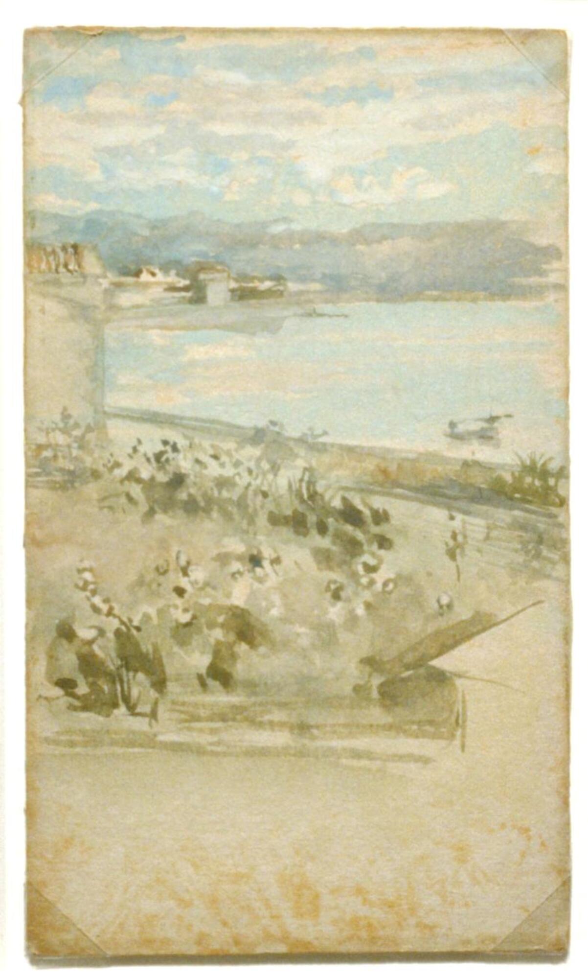 This watercolor on Japan paper, mounted on board, is vertically oriented. The piece is very dark, with the forms barely visible and very abstract. The upper quarter of the piece is blue, white, and pink (presumably a morning sky). In the next quarter down is what appears to be a body of water reflecting the sky, which a city and hills on the fall side of the shore from the viewer. The lower half the work has abstract figures in brown and cream that appear to be on the shore. Compositionally, there is a zig-zag recession into space. The piece is surrounded by the white border of the board that it is mounted on.