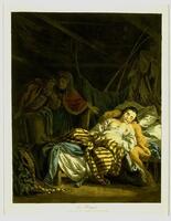 In a large dark interior, and elderly couple standing in the shadows gestures towards a sleeping woman positioned in bright light in the foreground. Her clothing is in disarray, her breasts exposed, and garments used as makeshift drapery to screen her. At the lower left is a still life of an overturned basket with vegetables and eggs cascading onto the floor.