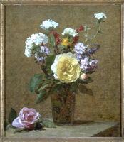 This painting depicts a glass vase with roses, phlox, and other flowers standing on a table.  One pink rose lies next to the vase on the table; the background is an undifferentiated background of brown/tan.