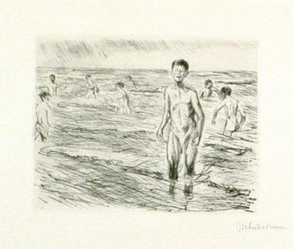 Young boys are pictured wading through what appears to be a shoreline.  The waves are cross-hatched with detail as well as the sky.