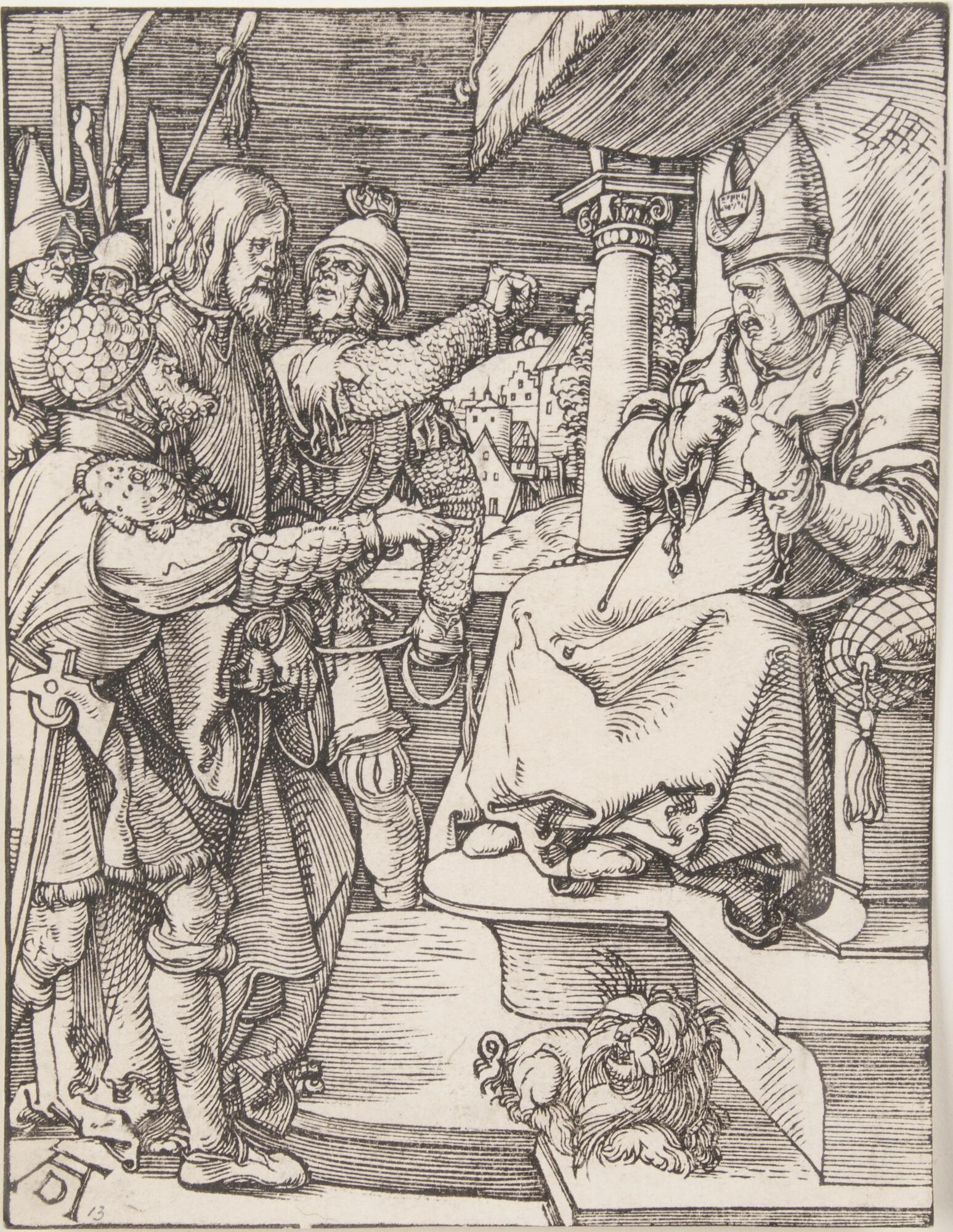 A man seated on a throne under a canopy on the right looks toward a group of standing figures on the left. A group of soldiers in helmets and armor and spears surround a tall bearded man who stands looking at the seated official. In the distance is a view of a town in a landscape and at the feet of the seated man is a dog.  The print is signed in the block "AD" on the lower left of the recto.