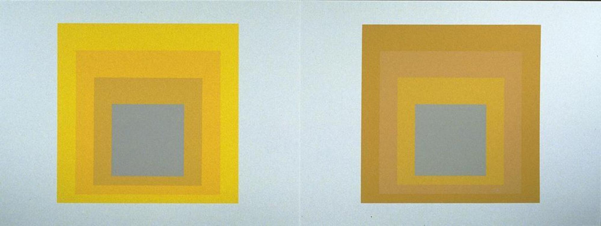 Two yellowish squares on a long horizontal piece of white paper with other squares nested in them, in shades of yellow and grey. 