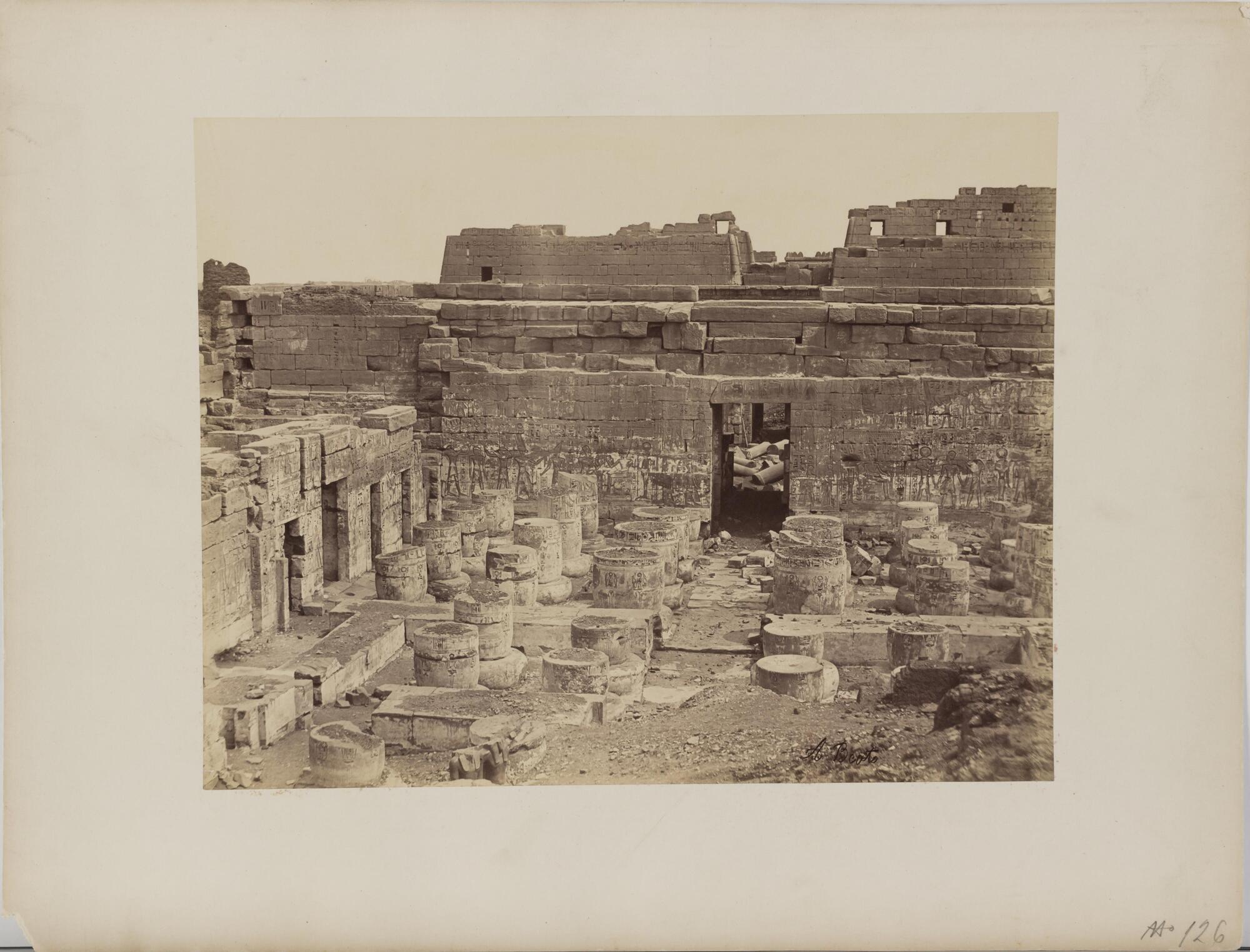 Overarching view of the interior courtyard of an Egyptian temple.