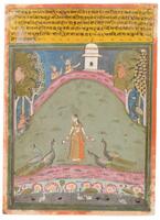 A woman stands in the center of the composition, with two peacocks shown on either side of her. She holds garlands and a flower in each of her hands. Monkeys and peacocks are seen in the trees, and two men appear near the top of a hill that frames the scene. They are pointing towards a pavilion located at the summit of the hill. Below the woman, lotuses and birds are depicted in the stream of water. The landscape is vibrant and abundant.