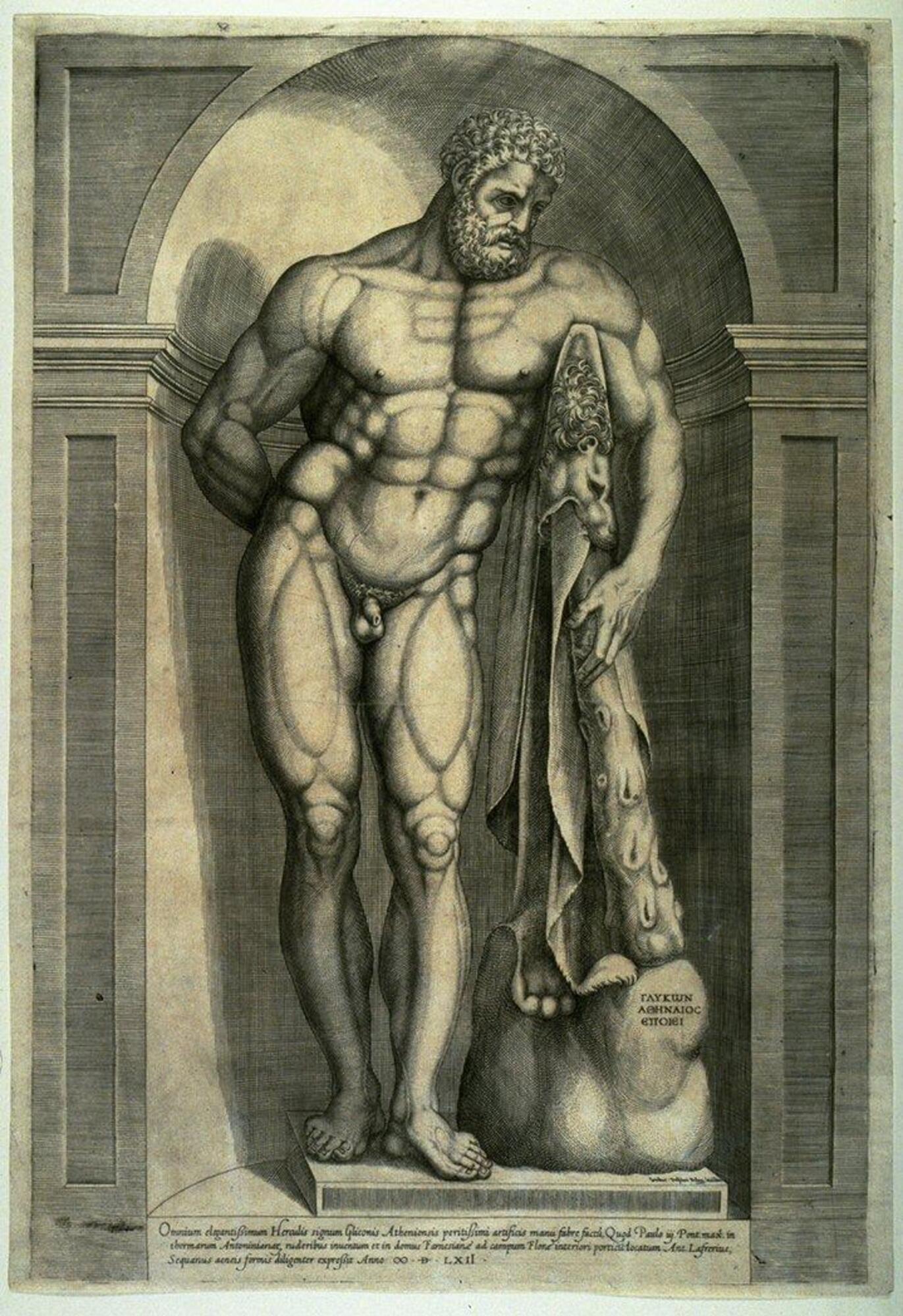 This engraving reproduces a colossal marble sculpture of Hercules leaning upon his club, which is draped with a lion skin. Bos carefully records the powerful musculature of the figure and sets the statue within a niche.