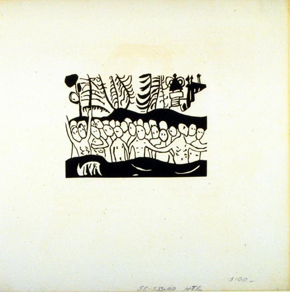This black and white woodcut shows a river running horizontally across it, whose banks are made of dark wavy lines. Between the banks is a crowd of naked people, drawn in simple outlines. In the background are several trees, as well as a building, perhaps a church with an onion dome.