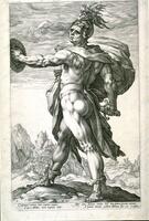 A muscular man towers over a mountainous landscape in this engraving. Clothed only in a helmet, sandals, and flowing cape, his startling physique is on full display. He grasps a sword and shield and strides vigorously toward the background, where a knot of men battle at the foot of a mountain.