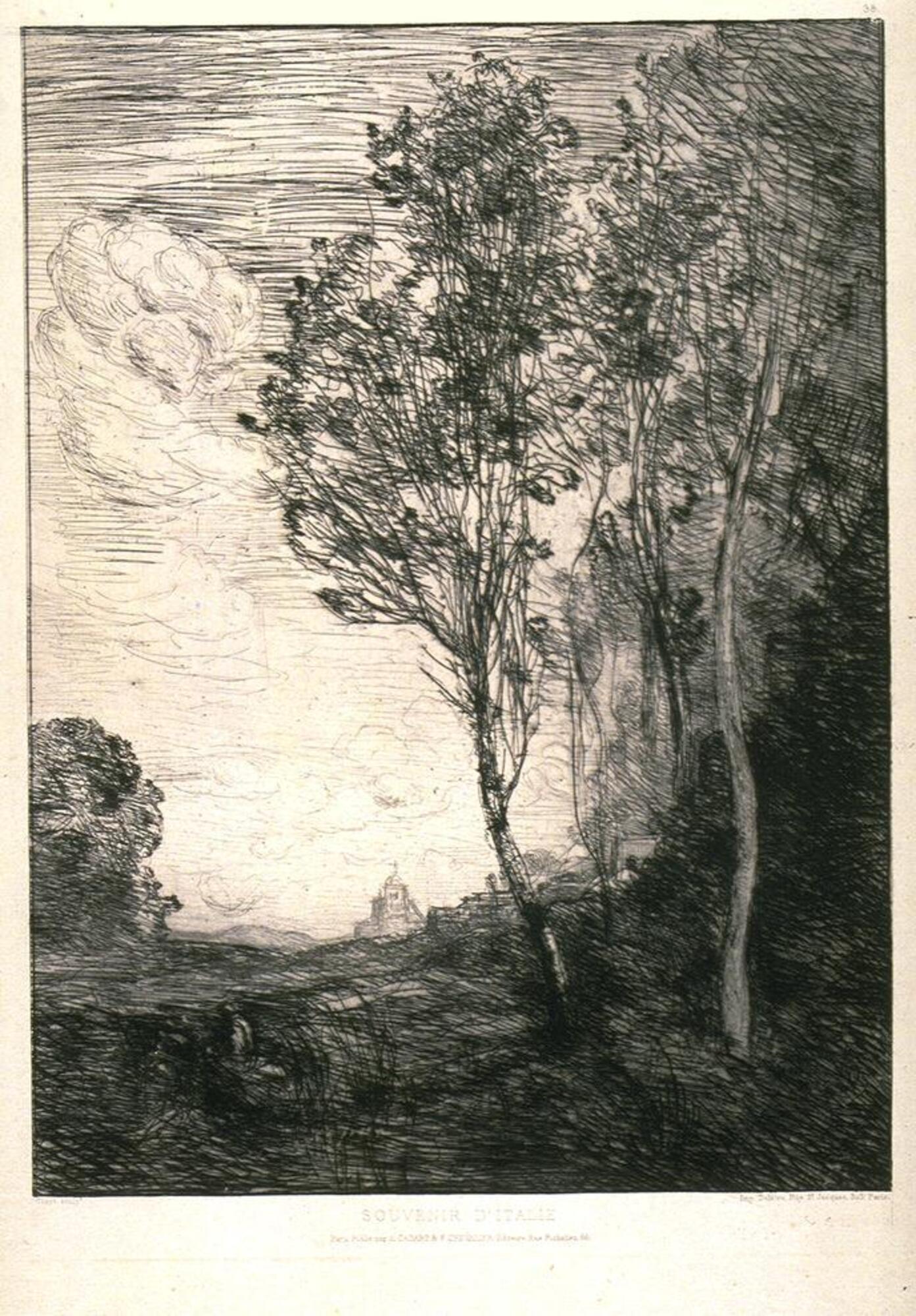 Vertically orientated image with trees along a hil like sketching on the right side of the image.  Two tree trunks and foliage are distinguishable in the foreground.  To the left of the trees and in the bottom third of the image is a small church-like structure very faint compared to trees and land.  There is a a cloud in the upper half of the left side of the image, just barely extending into the tree foliage.