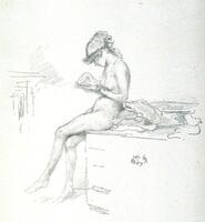 A nude model sits against a cabinet reading. She is shown largely in profile; her head, wraped in a scarf, looks down at the book she holds. She faces left and her left leg is crossed over the right. Behind her on the cabinet are objects including fabric.