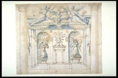 Two kneeling winged figures in niches on the first level of this design flank a tree growing at the top of a small doorway. These elements are contained within a larger structure with pilasters and a coifered ceiling. Above the ceiling are two winged figures holding small branches. Situated directly above the tree on the first level are a coat of arms surmounted by a crown and another, larger crown sits above the architecture.
