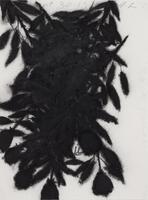 Dense foliage concentrated in the center of the paper. Signature, date and title are largely written and on the top and side of the work in pencil. Chunks of charcoal stuck on the paper in small areas.