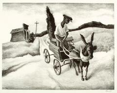 This is a print of an African American man in a mule-drawn wooden cart. There is a yew tree in the cart, behind the man. The man wears a white shirt with the sleeves rolled up, dark pants, and a cap. The road is empty, with fields surrounding the road. There is a wooden church in the background with a tall cross in the ground beside the church.