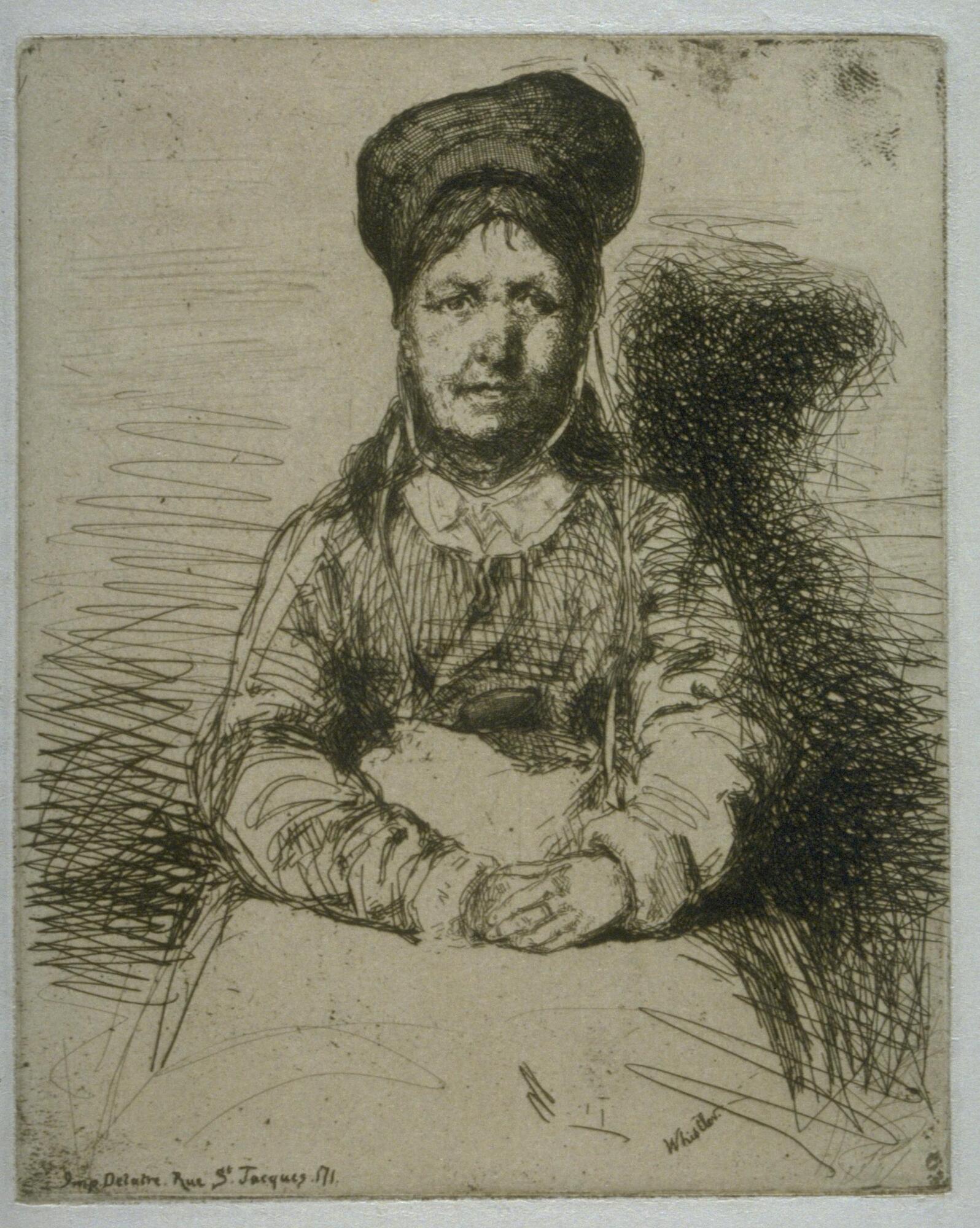 A woman is seated with her hands in her lap looking directly at the viewer. She wears a pronounced hat on her head with long ribbons that hang to her waist.