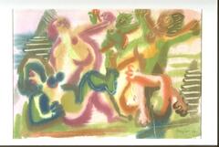 A menage of female figures lie entangled together, painted in many different colors. Certain body parts appear identifiable and are emphasized with bleeding lines. In the background appears straight-lined brush strokes emoting a fence or barricade much like one would see within a concentration camp. Beneath the watery brushstrokes are thin, precise lines.