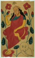 The goddess Saraswati sits among red flowers, possibly lotus. Her left foot is on a flower while her right leg is crossed over on her thigh. She is wearing a red dress and a headdress. An uncolored bird is drawn on the lower left corner of the painting. 