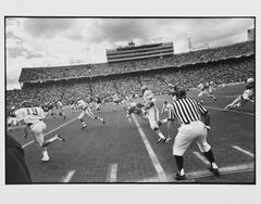 This photograph depicts a wide, tilted view of a crowded football stadium during a game.  Scattered across the field are running and jumping players.