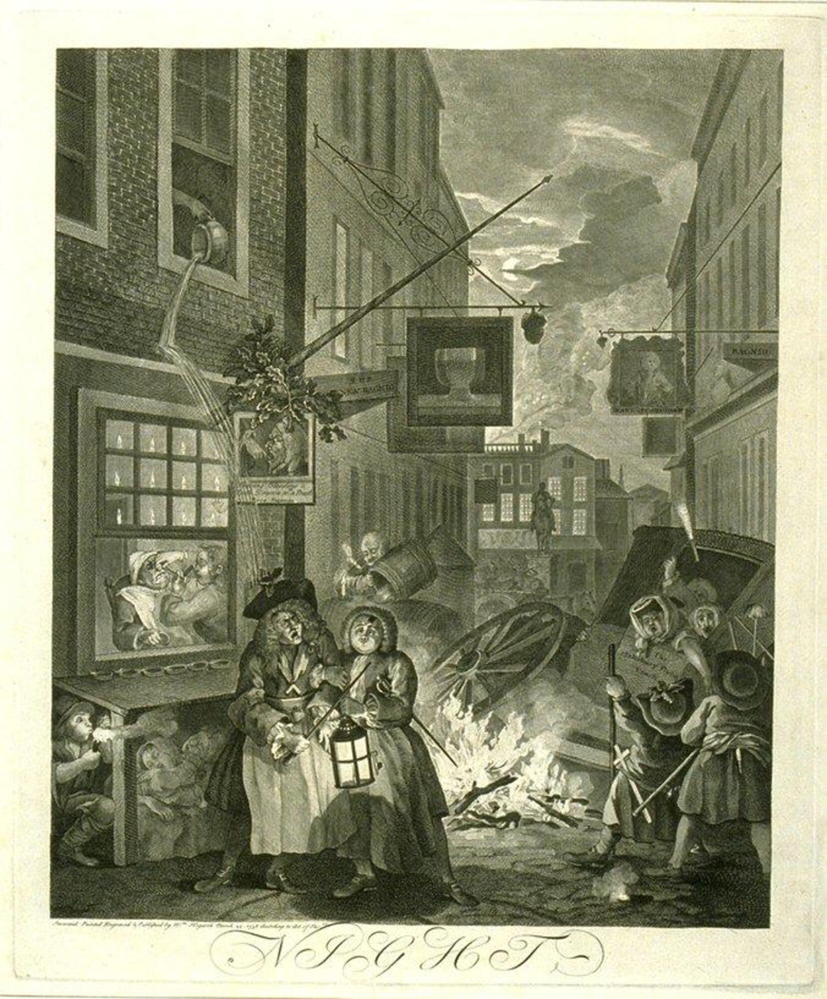 This print is vertically oriented with gray markings. A cream border surrounds it and it has &ldquo;NIGHT&rdquo; written below it. The lower half of the print has a busy street scene with lots of people taking parts of several stories (e.g. someone empting a chamber pot on people on the street, a tipped over carriage that is being set on fire, a quack doctor performing an operation in a candlelit room). The upper half of the print shows the tops of the buildings that line the street, iron-wrought shop signs, a statue of a man on horseback in the distance, and a crescent moon in a cloudy sky.