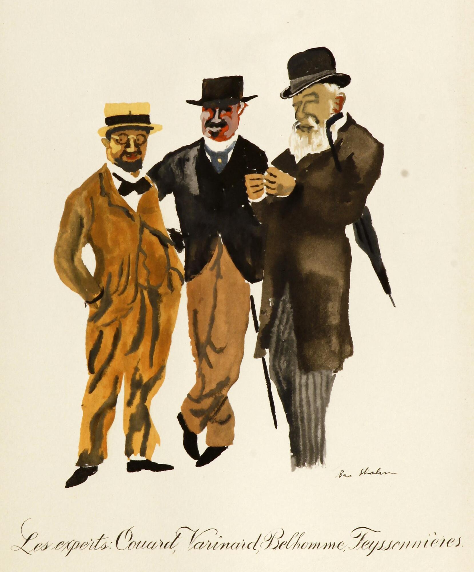 Three men stand side by side.  Each is well-dressed in both a suit and hat.  The men are painted with loose brush strokes with minimal details.  Their gaze is focused on the left side of the portrait.