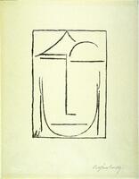 This is a line drawing of a woman's head inscribed within a vertical rectangle. Simple horizontal and vertical lines depict the eyes, nose, and mouth while a few curved lines above each eye depict a hair line, and a large "U" forms the chin. 