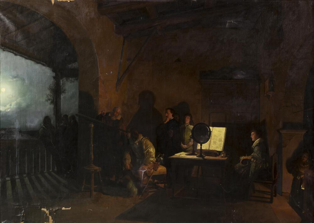 A group of men with one woman discussing the moon in a room with a large opening on the left side.