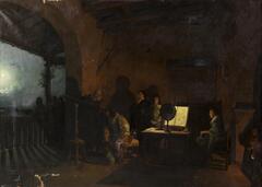 A group of men with one woman discussing the moon in a room with a large opening on the left side.