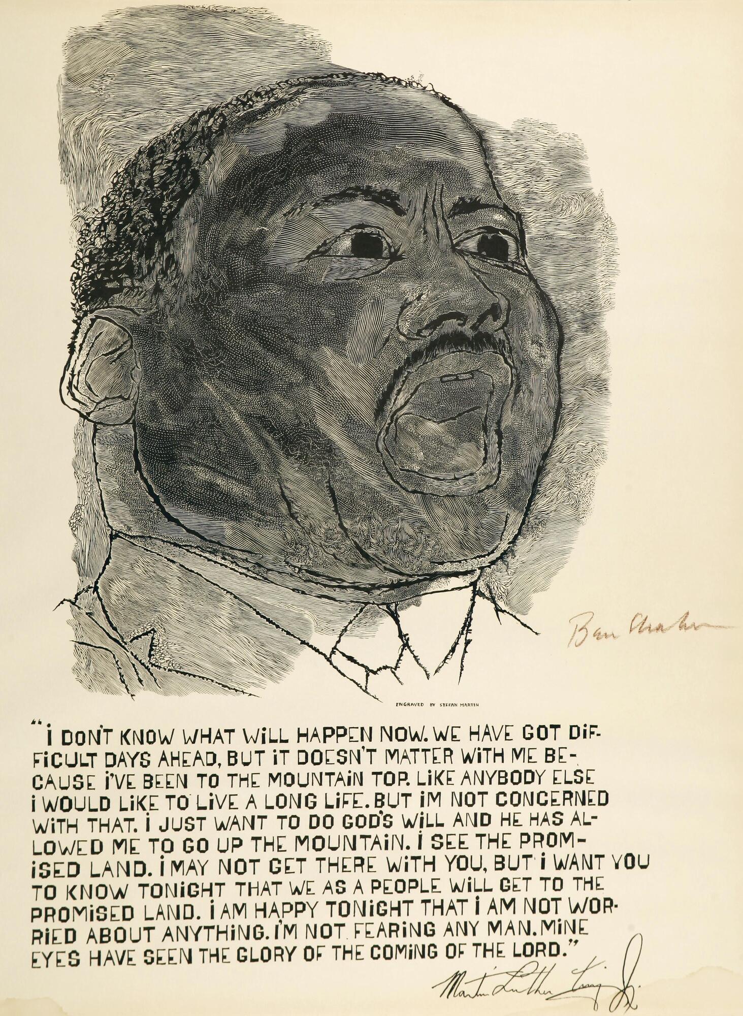 A black and white wood engraving of Martin Luther King Jr.  His mouth is open wide as if giving one of his famous speeches.  Underneath his image is a quote of King's and his signature.