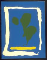 An abstract print of a royal blue background with white rectangle framing a green blob, and yellow stripe. It is printed on heavy-weight off-white paper.