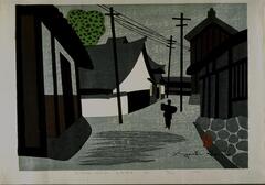 The composition has a wide path in the middle heading into the background, with buildings on eiher side and three telephone poles in the middle. The top of a tree can be seen over the buildings in the top left of the scene. The front center portion of the pathway has some darker horizontal marks, and a dark figure is on the pathway in the center right of the composition.
