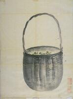 There is a single basket with a handle that was weaved together with twigs. Inside the basket are green leaves from a plant. There is a seal in the bottom right corner of the painting.