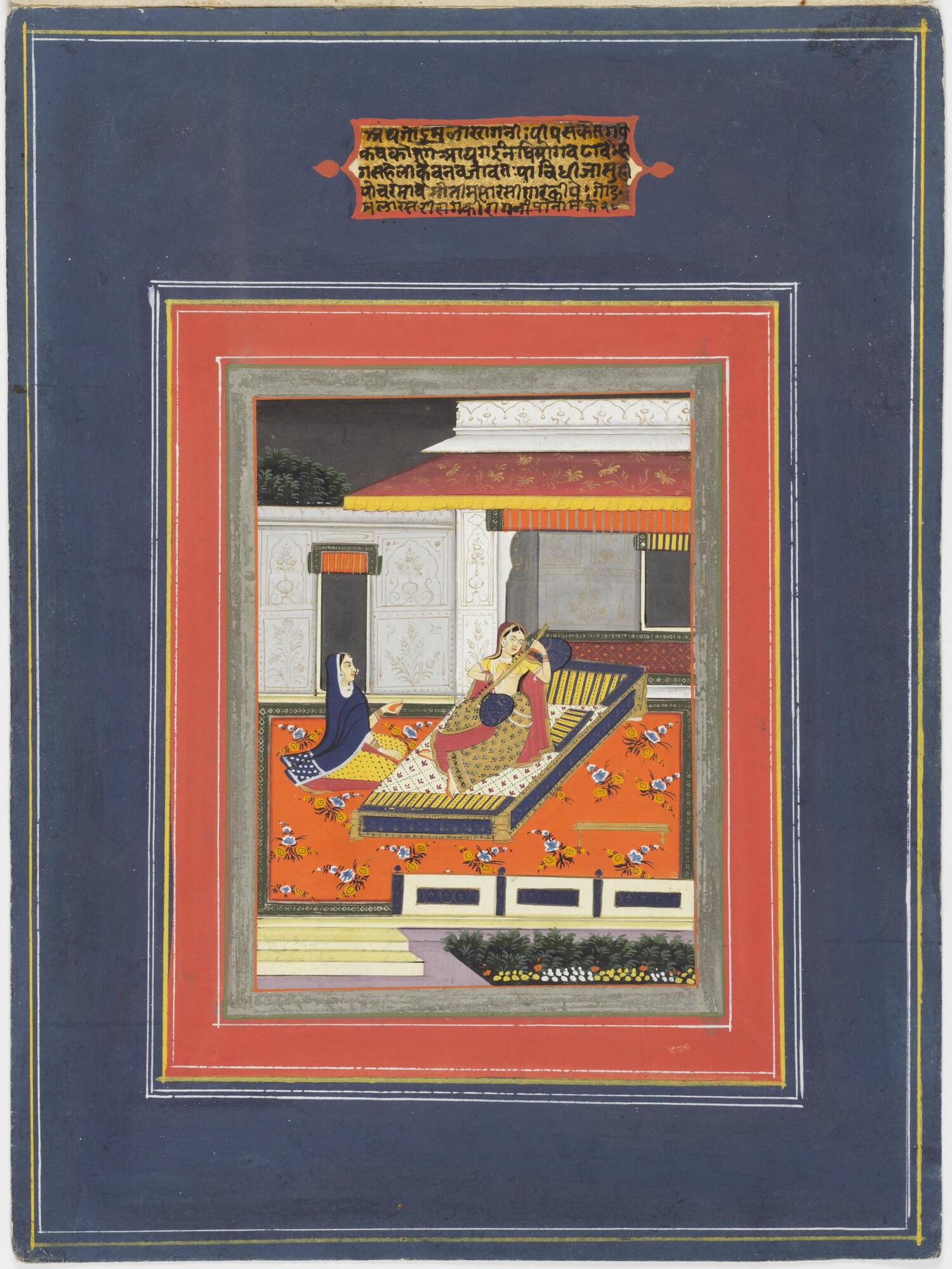A woman playing a musical instrument is shown sested on a bed in an open-air terrace during nighttime. A pavilion is represented behind her, and a horizontal wall connected to the pavilion, consisting of an opening/ door, extends to the left border of the scene. Another female figure, possibly an attendant, is shown sitting on the floor beside the bed, facing her mistress. A short verse is painted above the depicted scene.