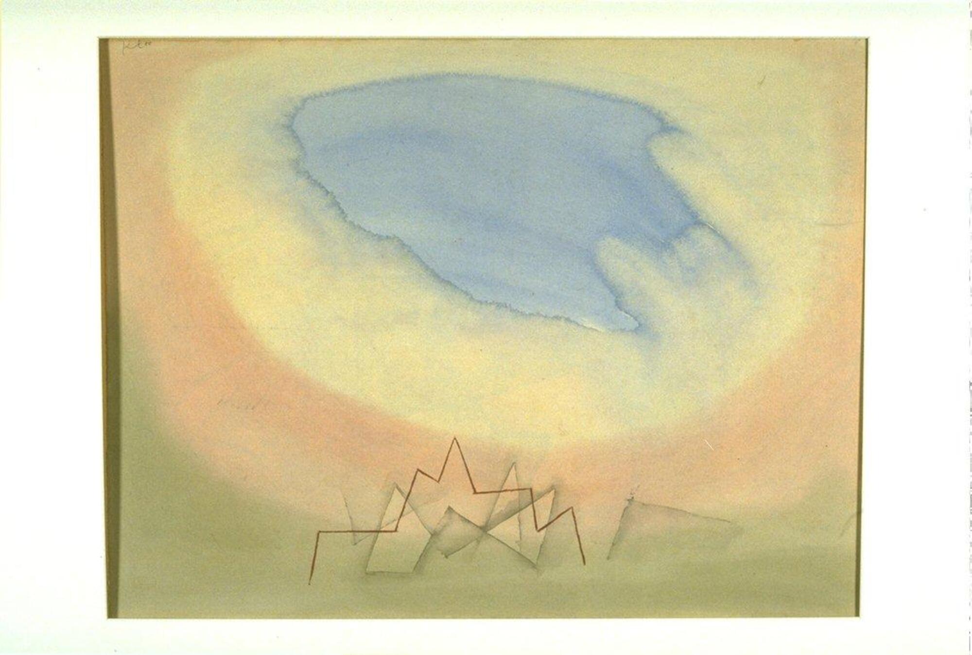 This watercolor consists of concentric areas of color. At the top is a blue cloud-like shape surrounded by a yellow ring in turn surrounded by an orange-pink color. The bottom edge is an olive-green color where we see thin zigzagging lines in red-brown. 