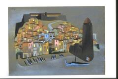 This drawing shows a city climbing a hill along the bank of a river. The background is mostly grey, with faint washes of blue around the top and bottom edge to indicate sky and water. The blocky brown, pink, blue, grey, green, and yellow buildings have flat, black roofs and some windows are lit. Little black boats are lined up on the shoreline, and one is offshore flying the French flag. On the right, the tower of a church rises out of the water.