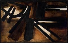 Abstract painting in muted colors with shades of blacks, browns, and white. The composition consists of bold diagonal lines and blocks of black, brown, and white.
