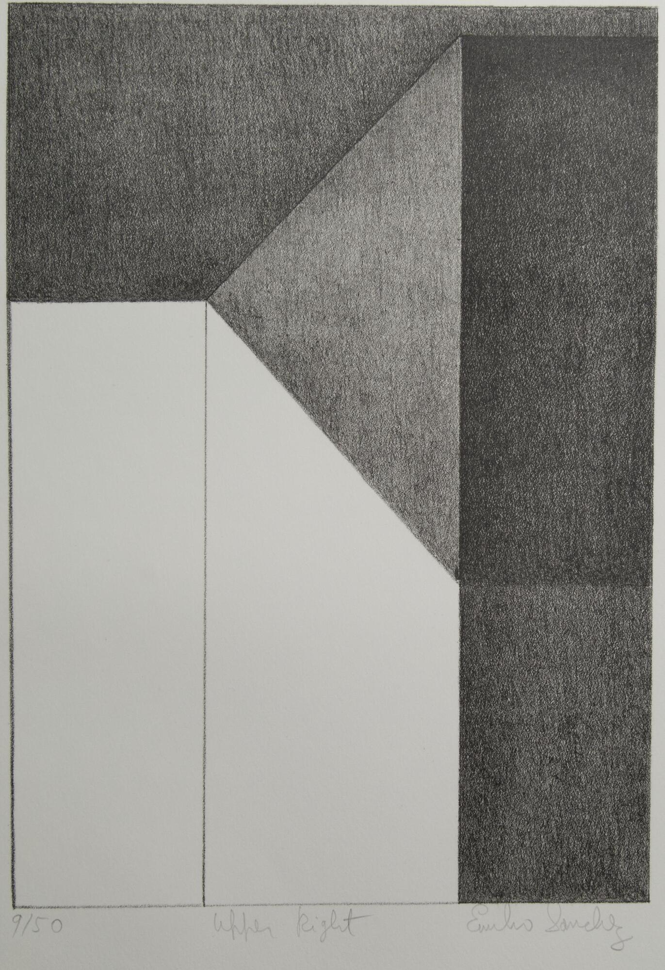 A black and white print of two corners. One is partially covered by a shadow.