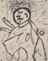 This painting is created from a found wooden board with a textured surface. Attached are staples and paper, and it is painted all-over in an off-white. There are paint globs in some areas. At the center, there is a black line painting of a figure with his arms outstretched to the side.