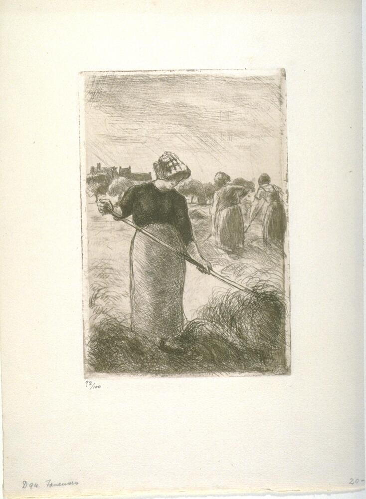 A group of women can be seen in a field raking hay.  The central woman faces the viewer in the foreground; she wears a hat that shades her face.  Behind her are two other women, also raking hay, shown from behind.