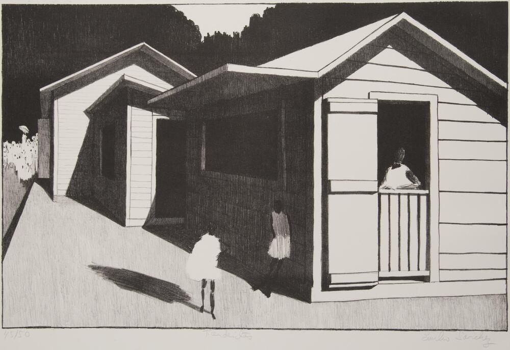 A black and white lithograph print of a row of houses.  In the first house a figure looks out the half-door at two children outside, one in the shadows.  Behind the first house are two more homes, and in the distance a crowd of people gather.