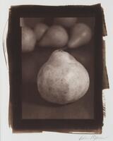 One large pear in the front, a row of pears in the background. The edges of the paper have a brushed effect.
